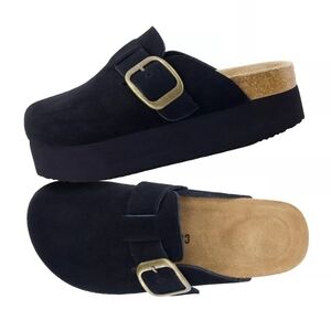 CUSHIONAIRE Granola Genuine Suede Cork Footbed Platform Clog Black size 8.5